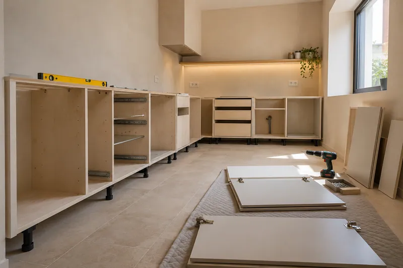 Visualización conceptual IA: Módulos de cocina en montaje con puertas pendientes de colocar.