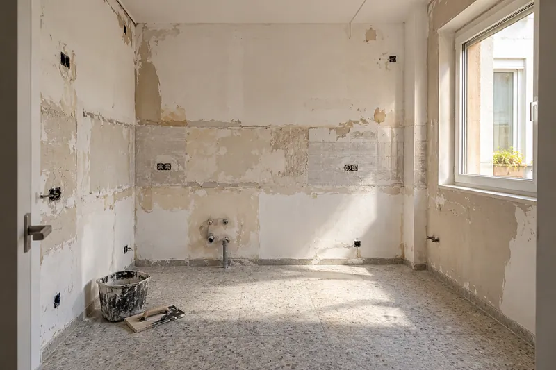 Visualización conceptual IA: Cocina sin muebles con paredes en preparación y zonas de enlucido.